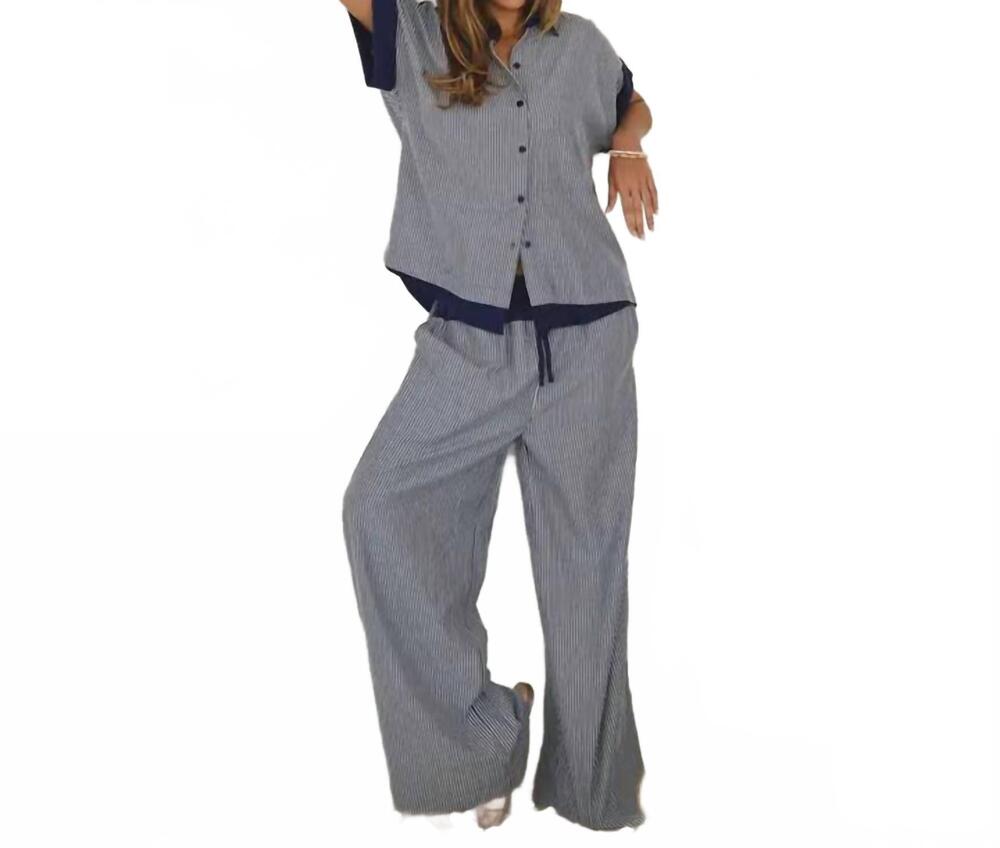 NEW ODDI striped button-down top & pants set in denim combo